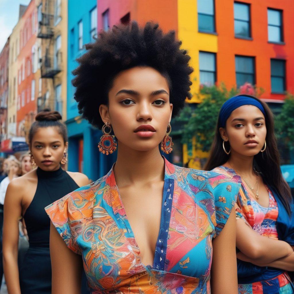 A diverse group of young individuals expressing themselves in a vibrant urban setting, surrounded by thought-provoking societal symbols representing taboos. Include elements of fashion, art, and technology merging with traditional motifs to showcase the clash of cultures. Their body language should reflect confidence and curiosity as they engage in open discussions. Bright, bold colors and dynamic compositions should invoke a sense of eagerness and exploration. surrealism. vibrant colors. urban backdrop.