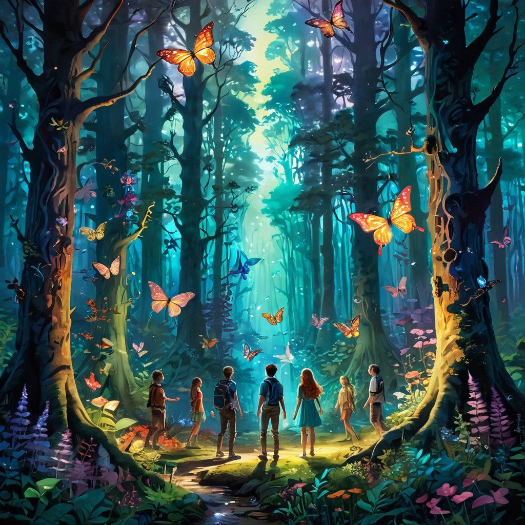 A surreal depiction of a vibrant forest inhabited by colorful, anthropomorphic creatures symbolizing teenage fantasies, with ethereal light filtering through the trees. In the foreground, a group of diverse teenagers is engaging in deep conversations, surrounded by mystical elements like glowing flowers and shimmering butterflies that represent awakening. Include whimsical details to evoke curiosity and exploration. magical realism. vibrant colors. ethereal light.