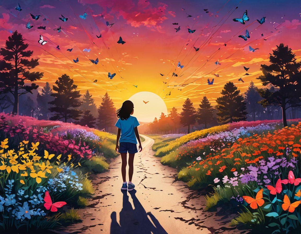 A whimsical illustration of a young adolescent standing at a crossroads, one path adorned with bright flowers and butterflies symbolizing innocence, while the other leads to a vibrant sunset signaling growth and experience. In the background, silhouettes of diverse teenagers engaging in various activities that represent their journey, with hormones visualized as glowing energy waves. The overall mood is hopeful and transformative. vibrant colors. surreal art.